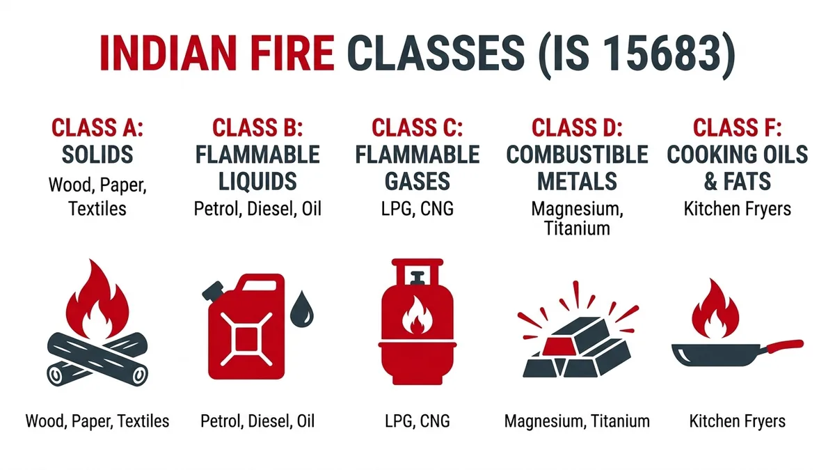Indian fire classes A, B, C, D, and F classification overview under IS 15683:2018
