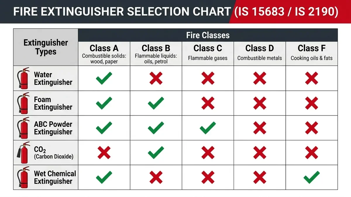Chart of Indian fire extinguisher types versus fire classes A, B, C, D, and F under IS 15683 and IS 2190