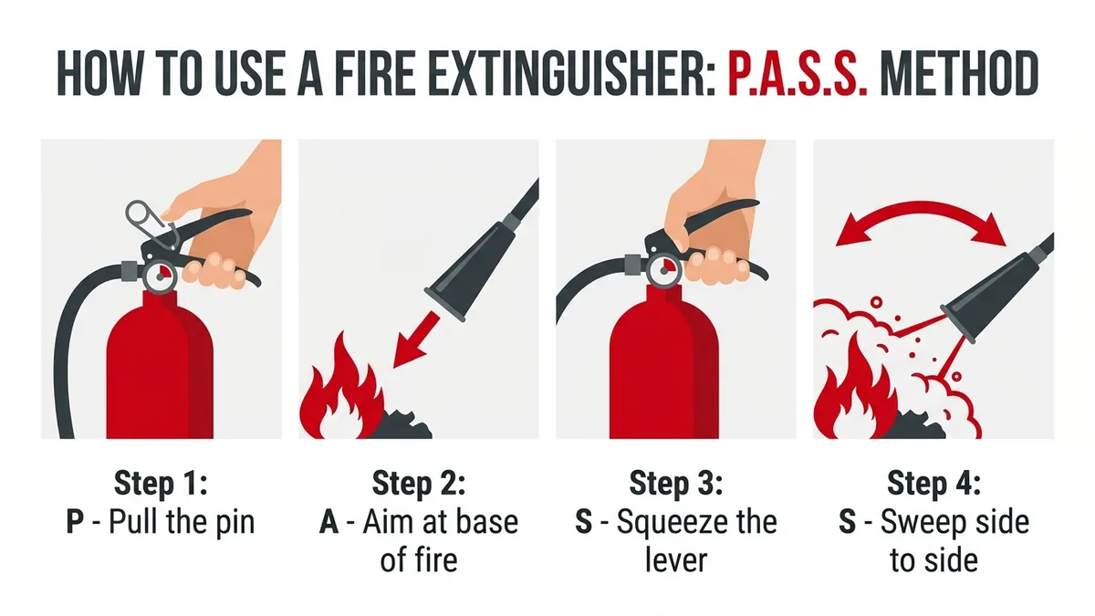 4-step PASS method diagram for fire extinguisher operation: Pull the pin, Aim at base of fire, Squeeze the lever, Sweep side to side